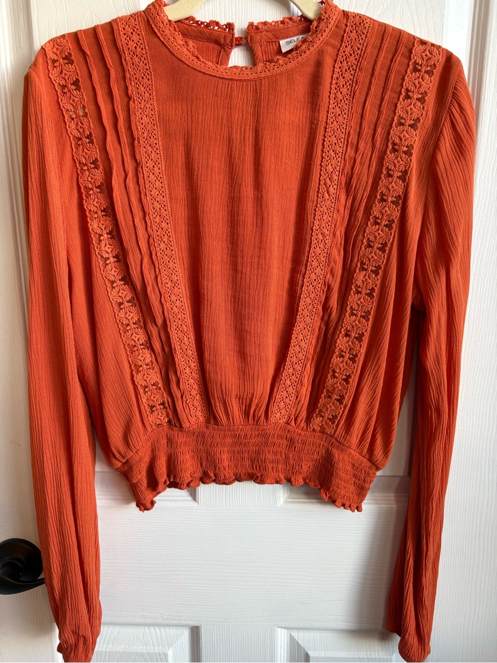 Self E Burnt Orange Lace-Trim Long Sleeve Cropped Top, Size Medium
